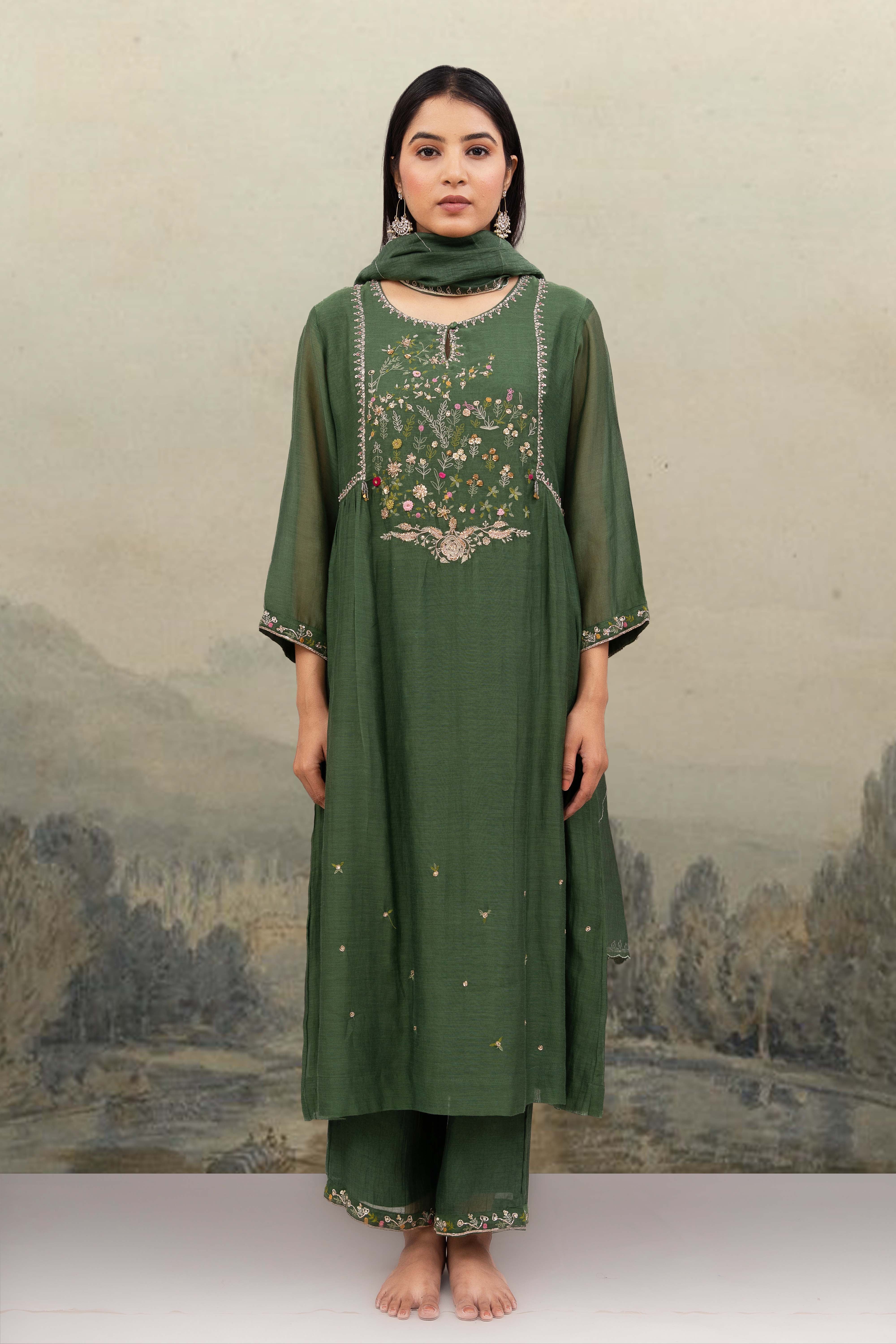 Bottle Green falling stars dress with dupatta