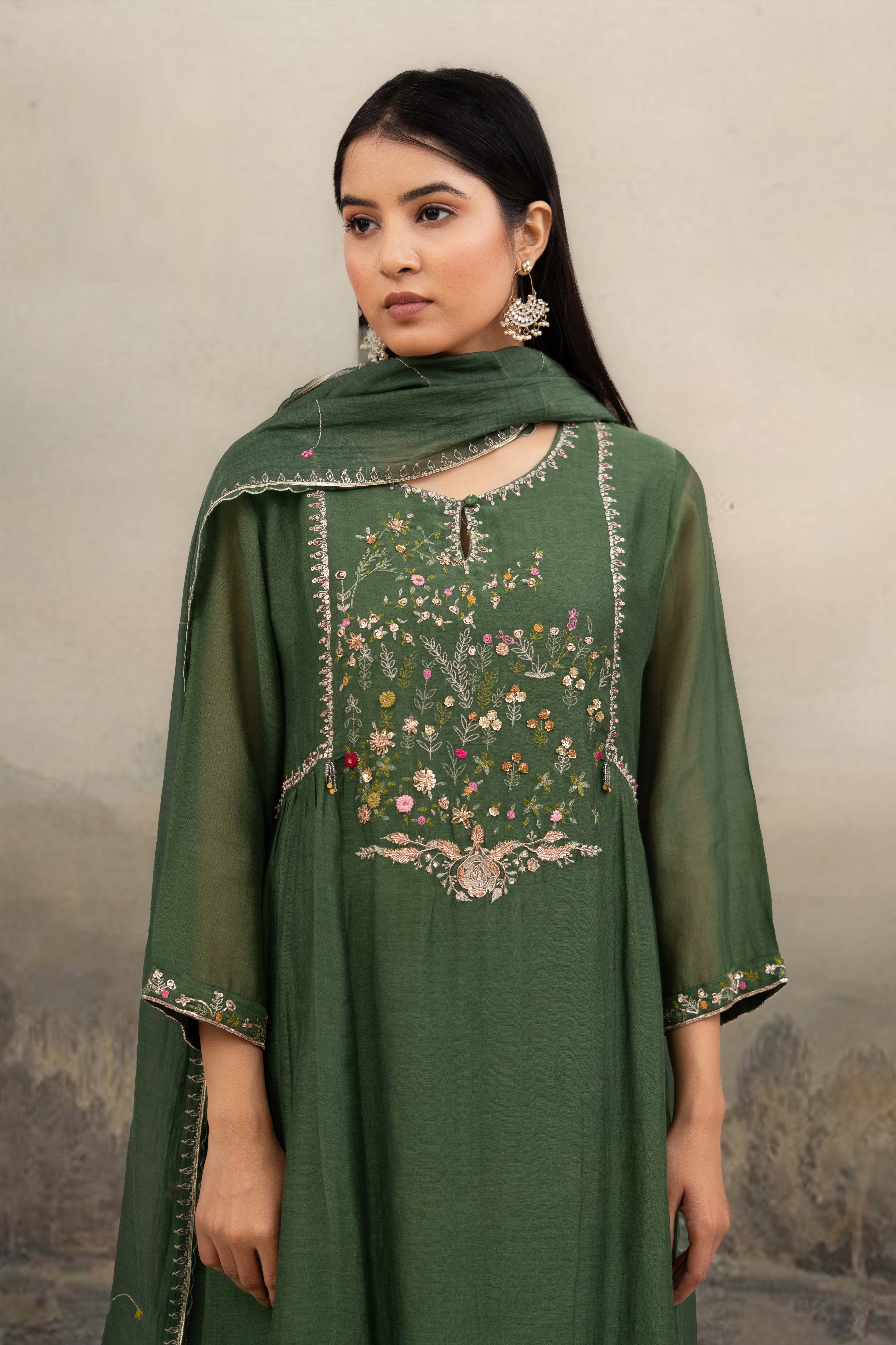 Bottle Green falling stars dress with dupatta