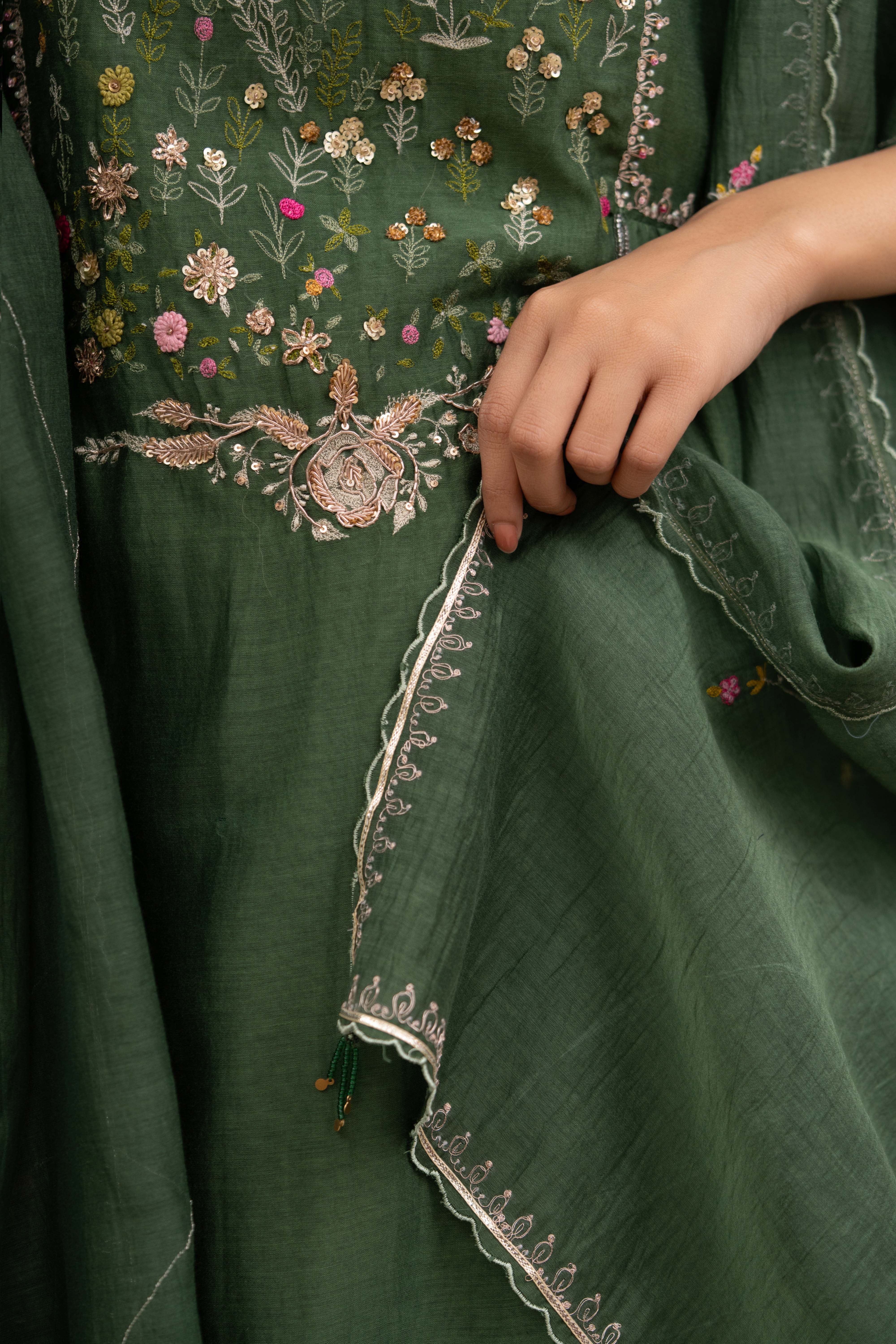 Bottle Green falling stars dress with dupatta