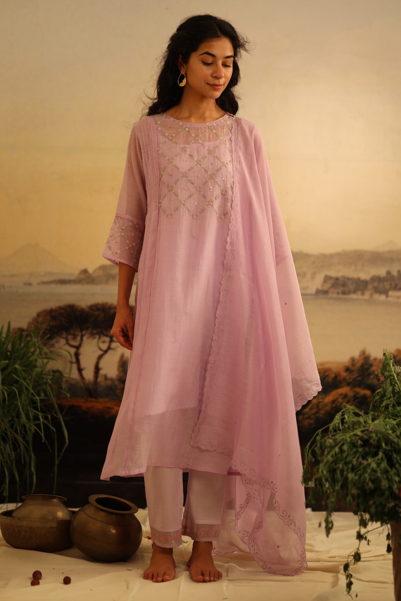 Lavender crossbuti kurta set with dupatta