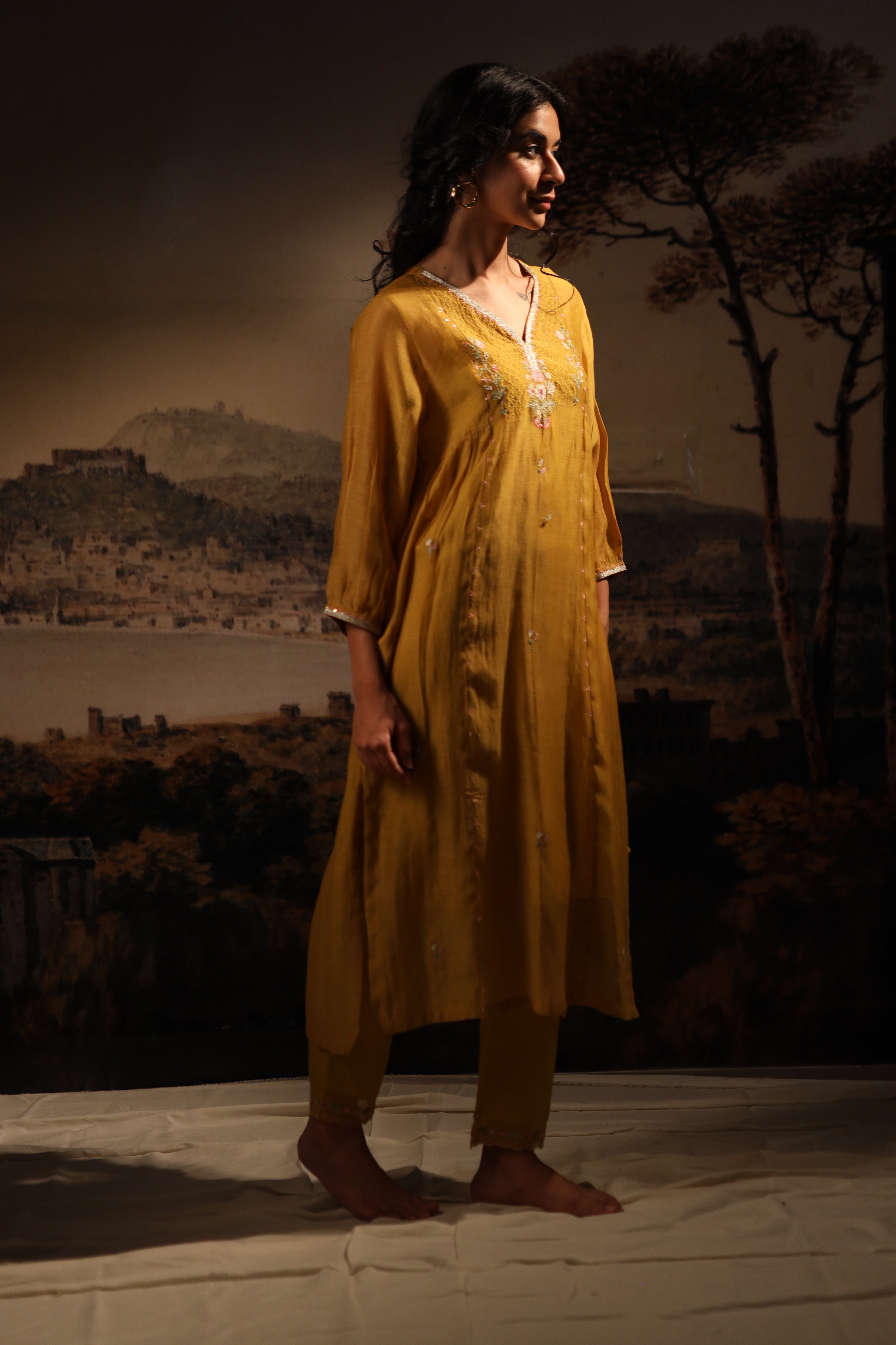 Mustard juhi yoke kurta set with dupatta