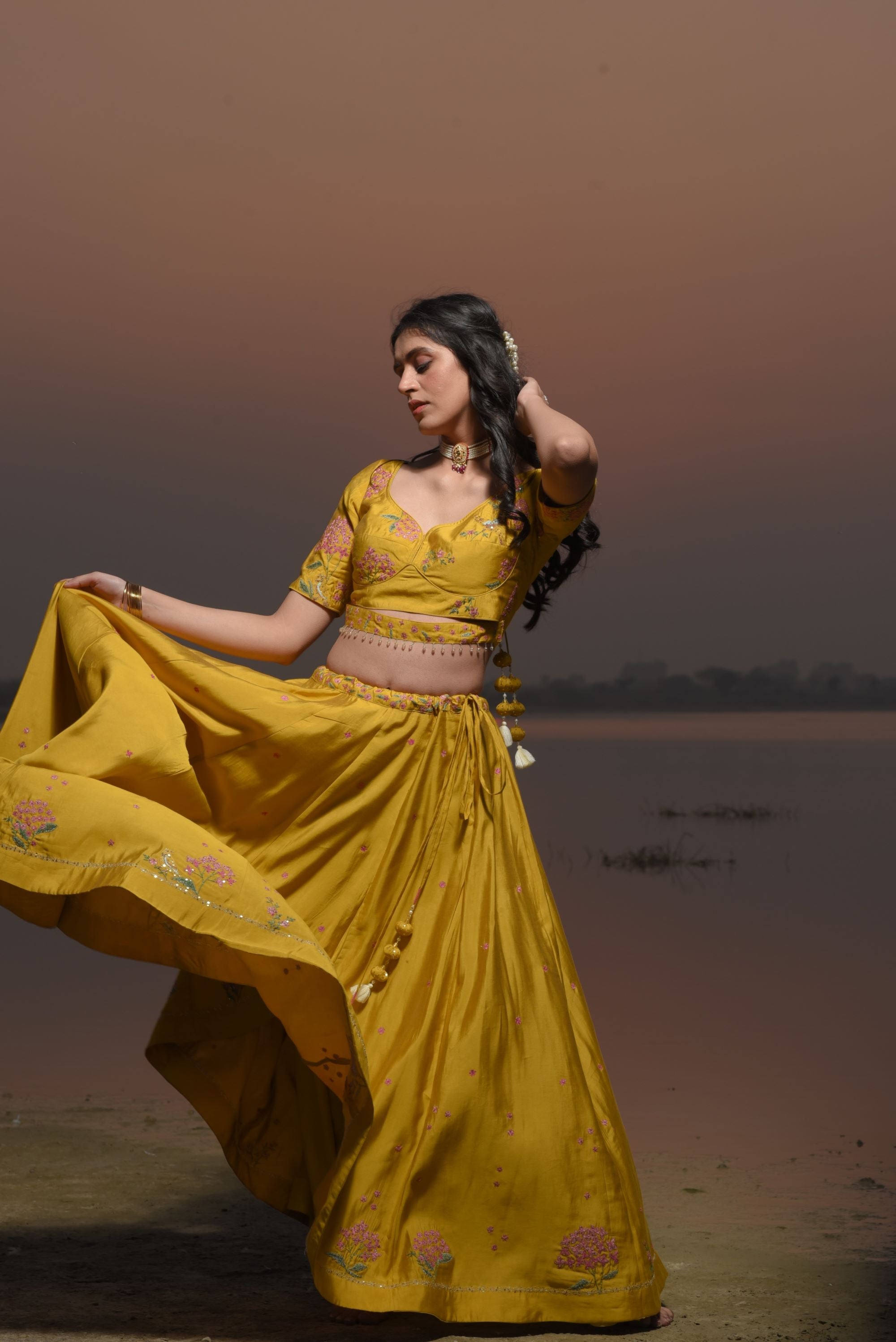 Mustard Miniature Rose Garden Lehenga set of 3
