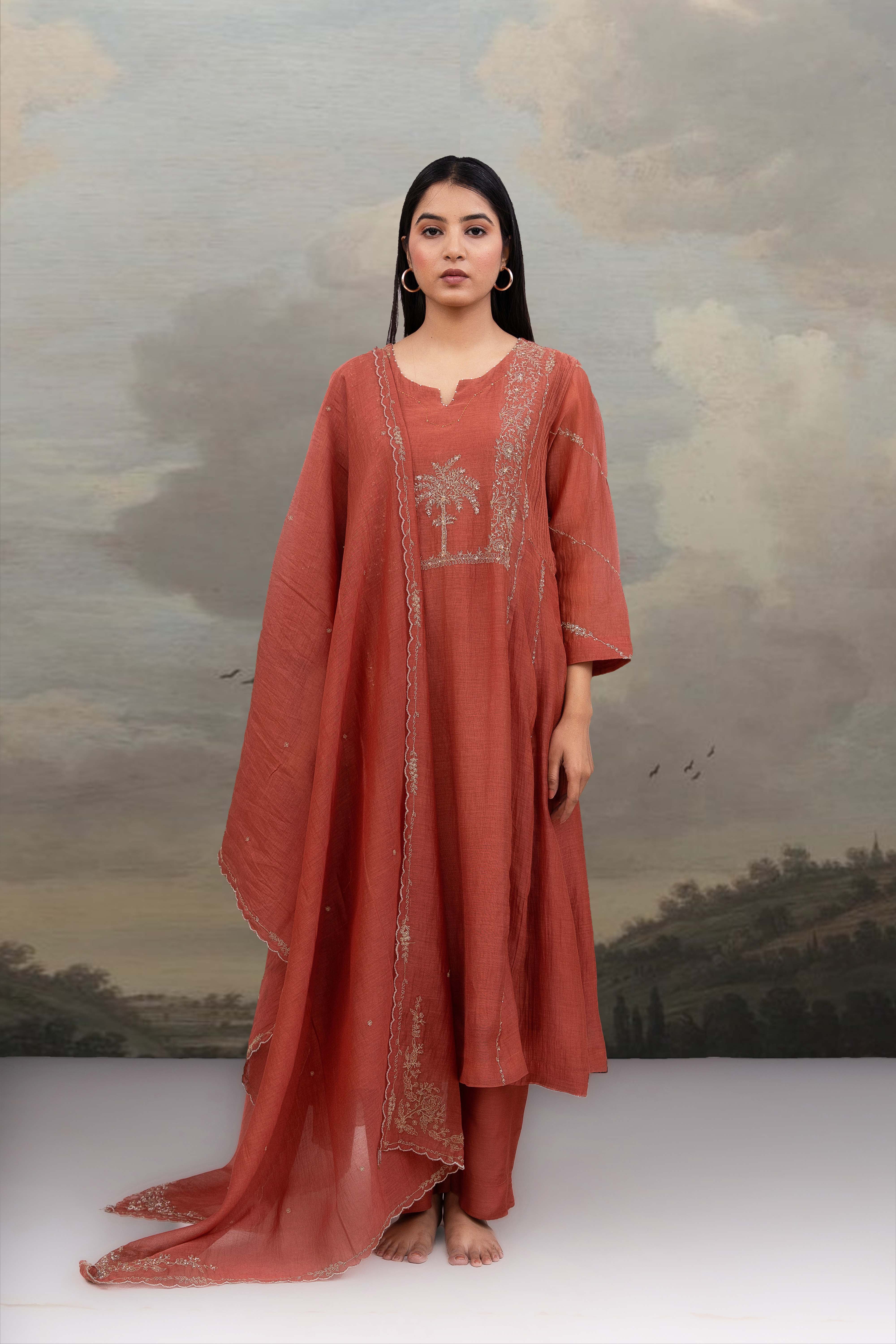 Rust Desert palm dress with dupatta