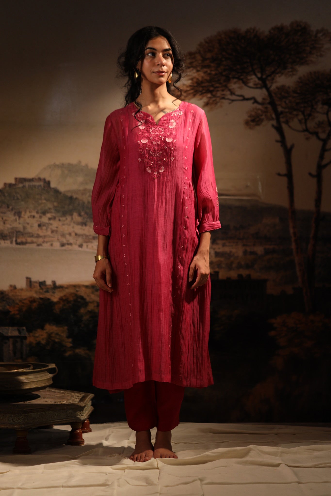 Hot pink juhi yoke kurta set with dupatta
