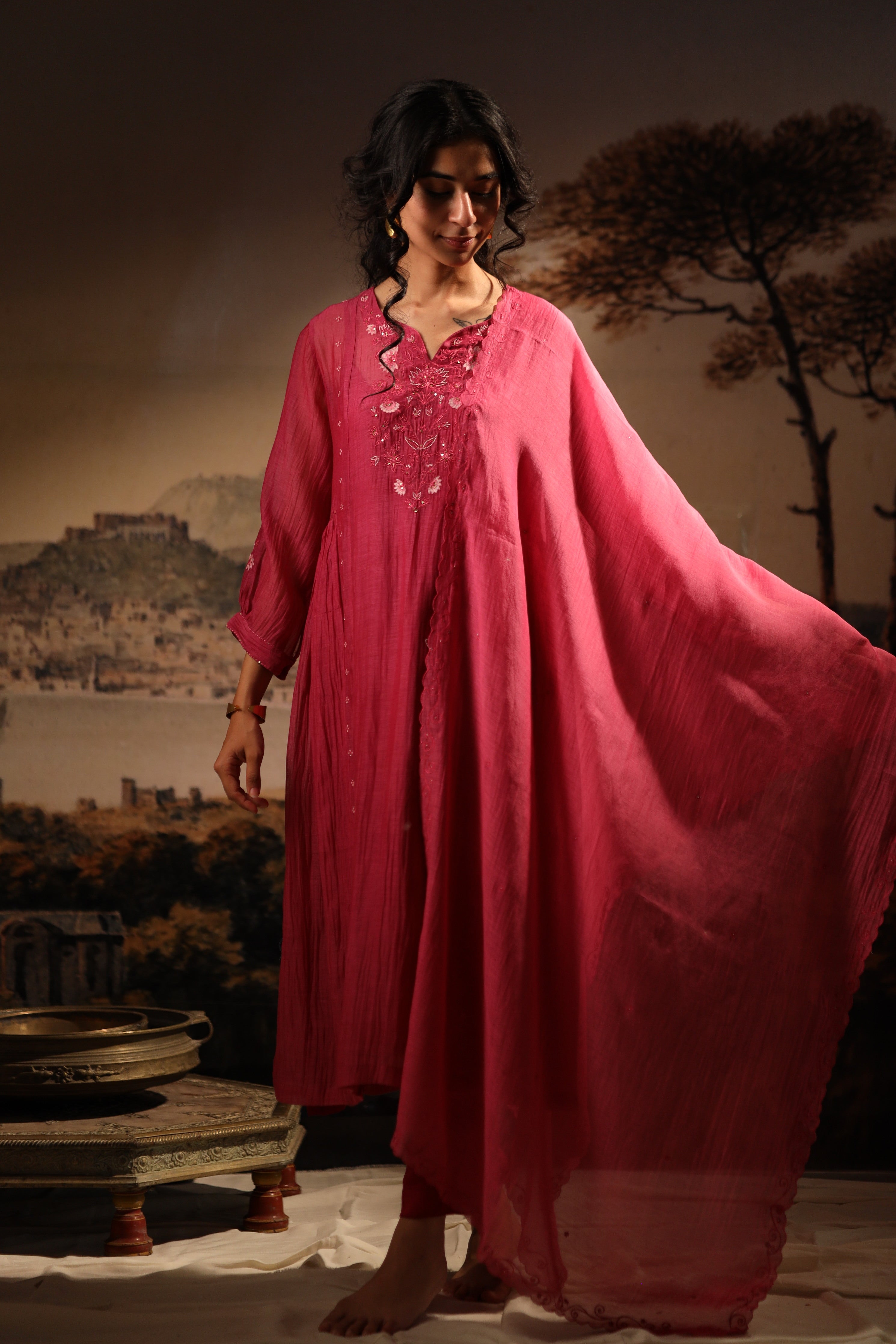 Hot pink juhi yoke kurta set with dupatta