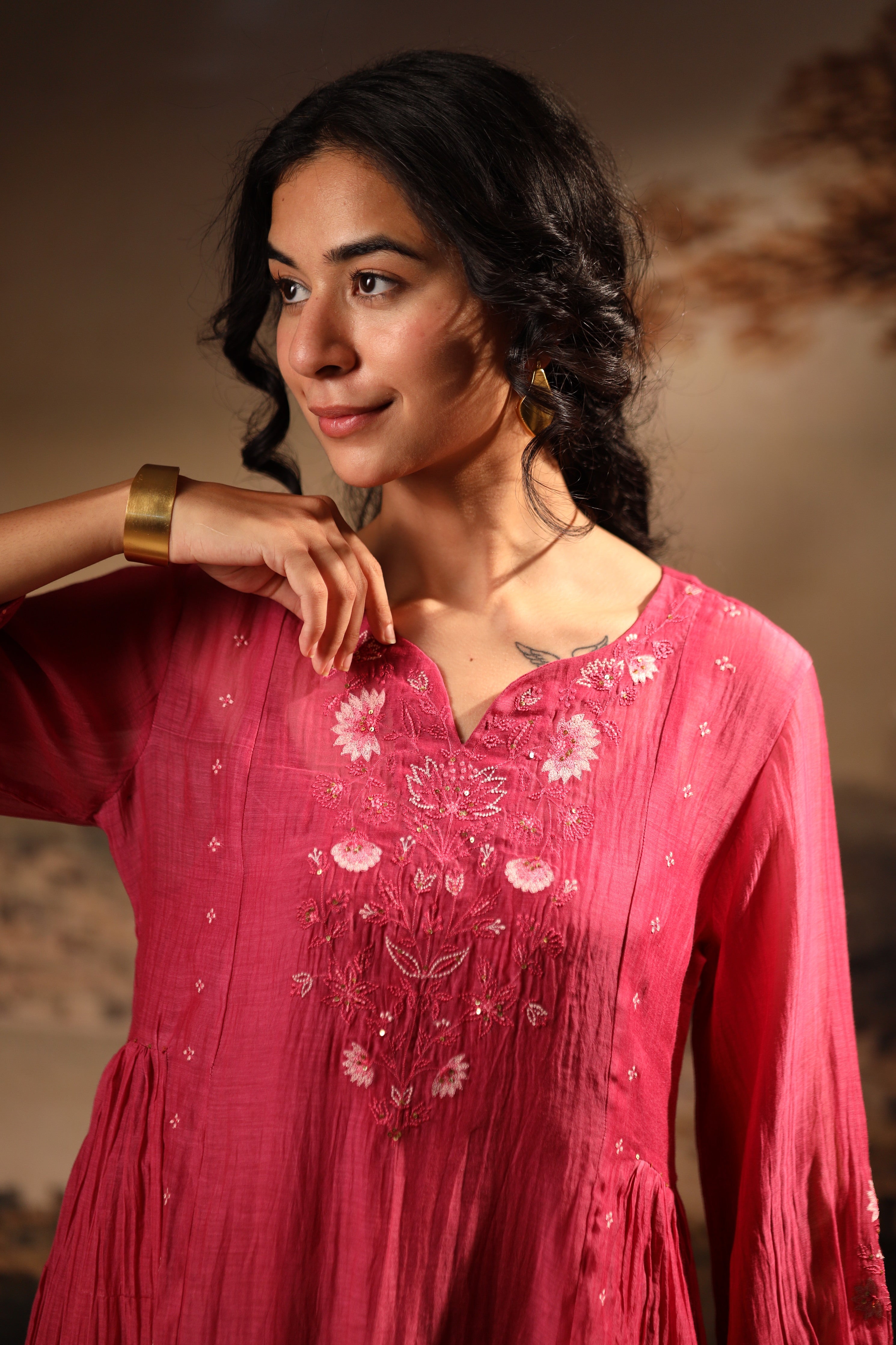 Hot pink juhi yoke kurta set with dupatta