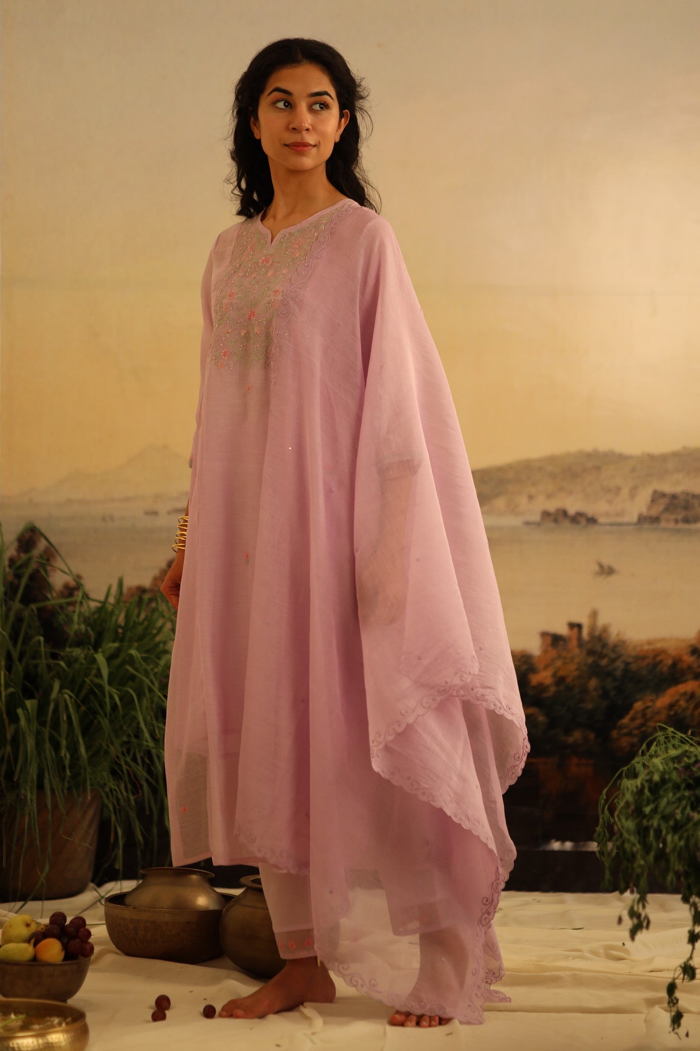 Lavender Tulip yoke jaal kurta set with dupatta