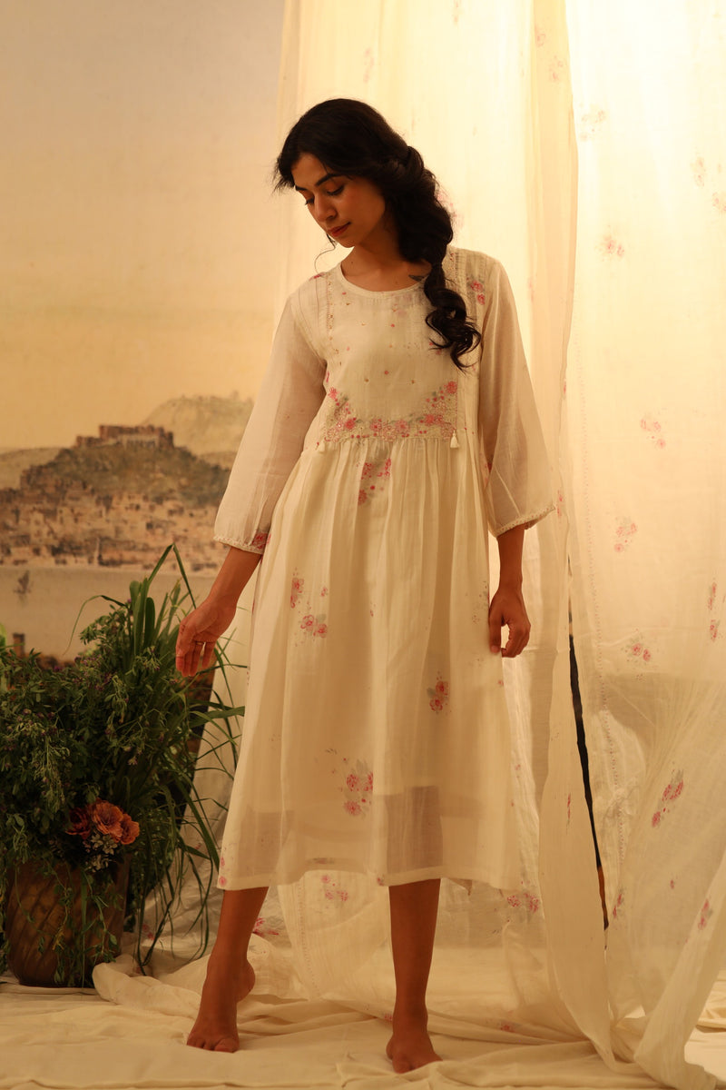 Ivory white miniature printed rose dress