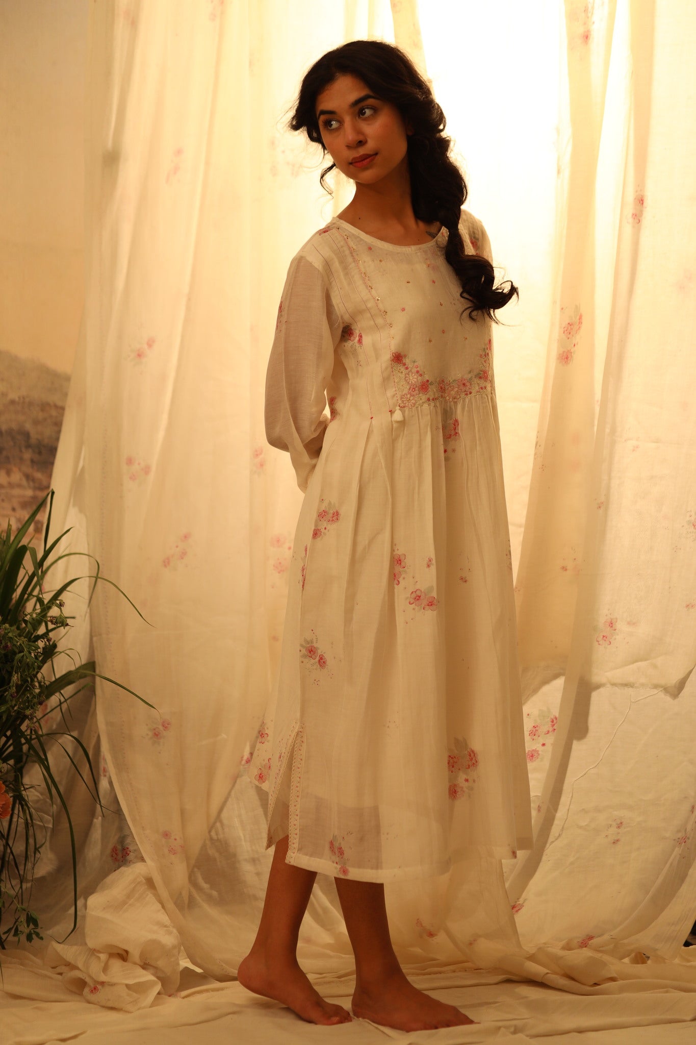 Ivory white miniature printed rose dress
