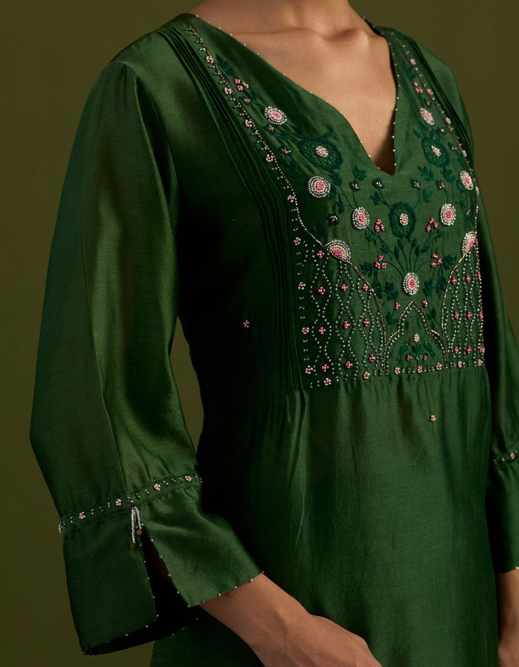 Bottle green  Glass beaded Suit set