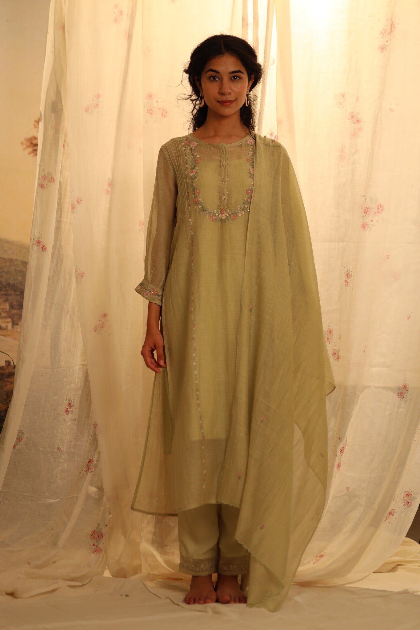 Sage Green Camellia kurta set with dupatta