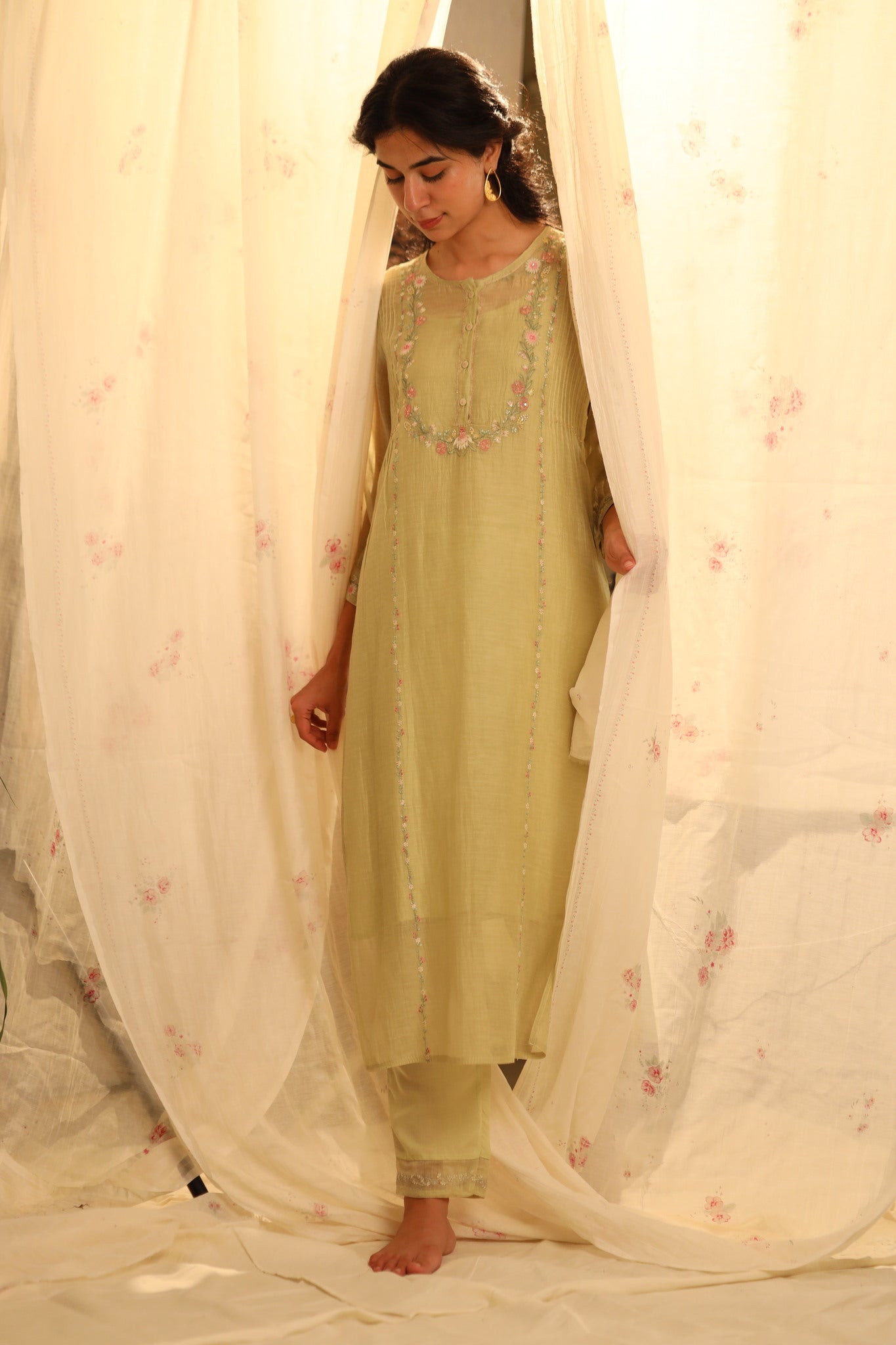 Sage Green Camellia kurta set with dupatta