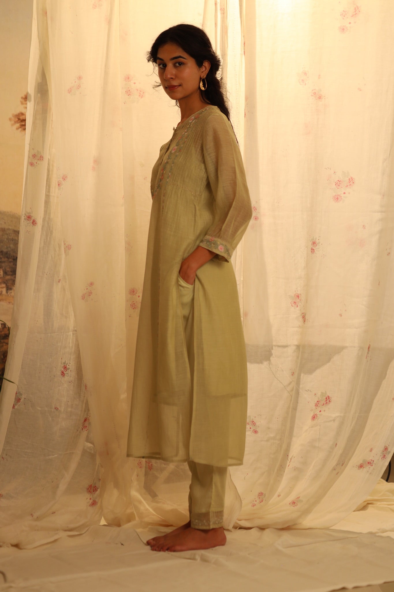 Sage Green Camellia kurta set with dupatta