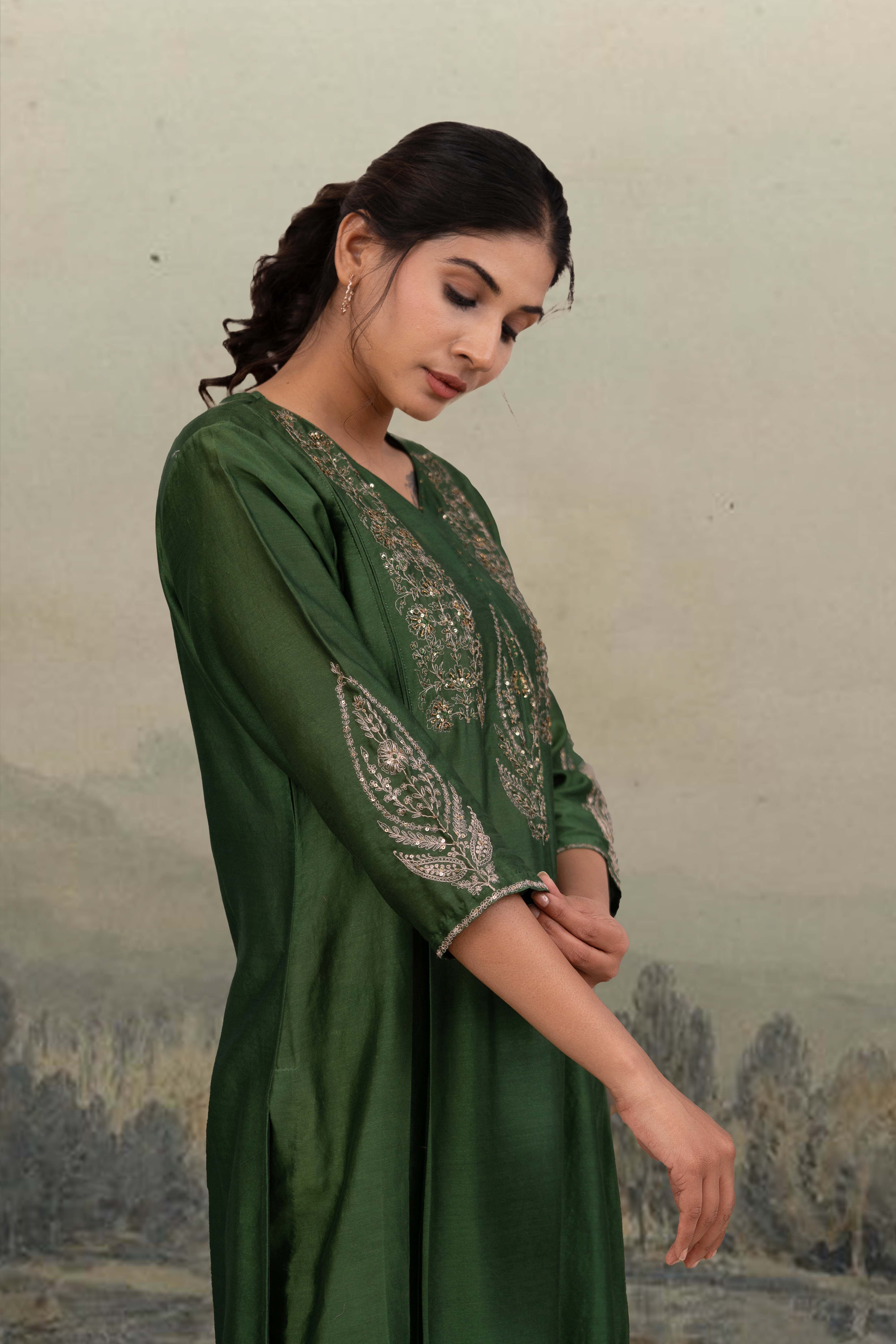 Bottle green kasab kurta set