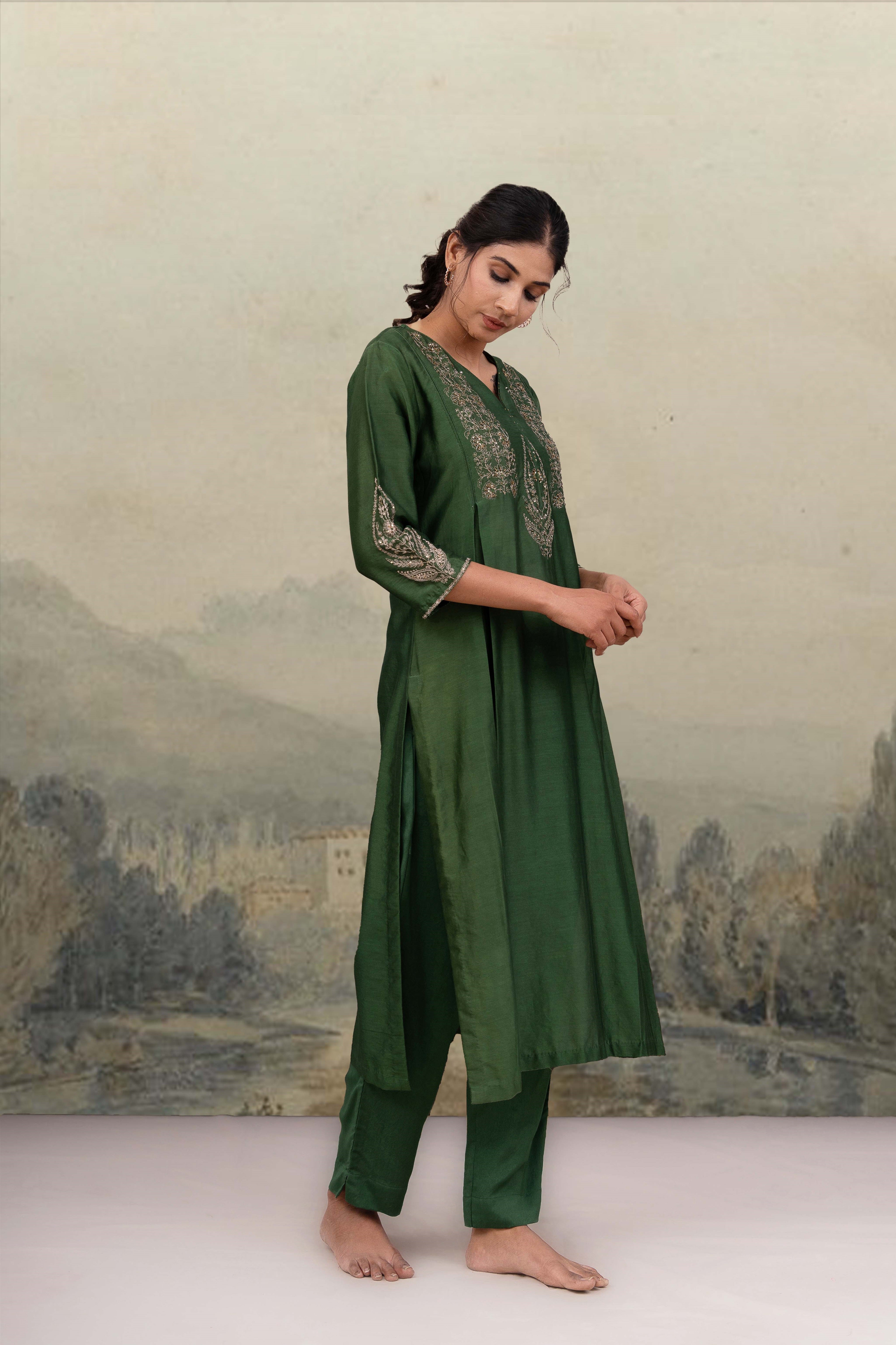 Bottle green kasab kurta set