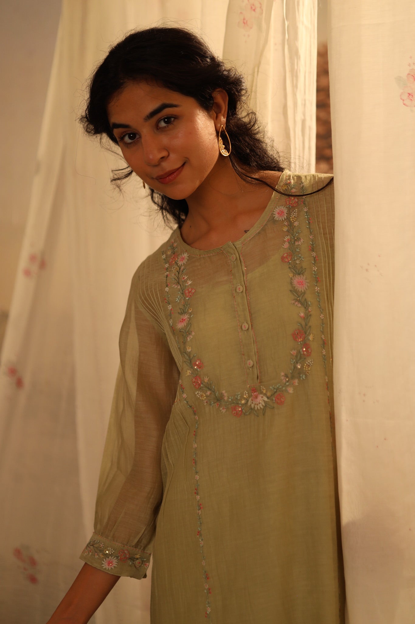 Sage Green Camellia kurta set with dupatta