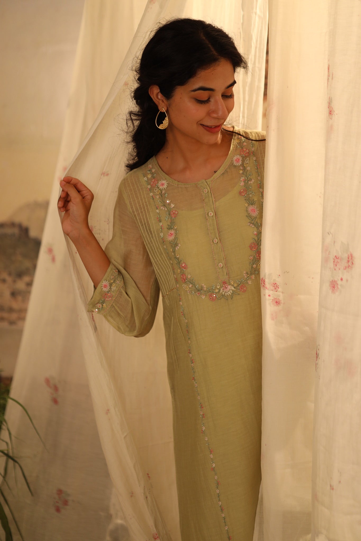 Sage Green Camellia kurta set with dupatta
