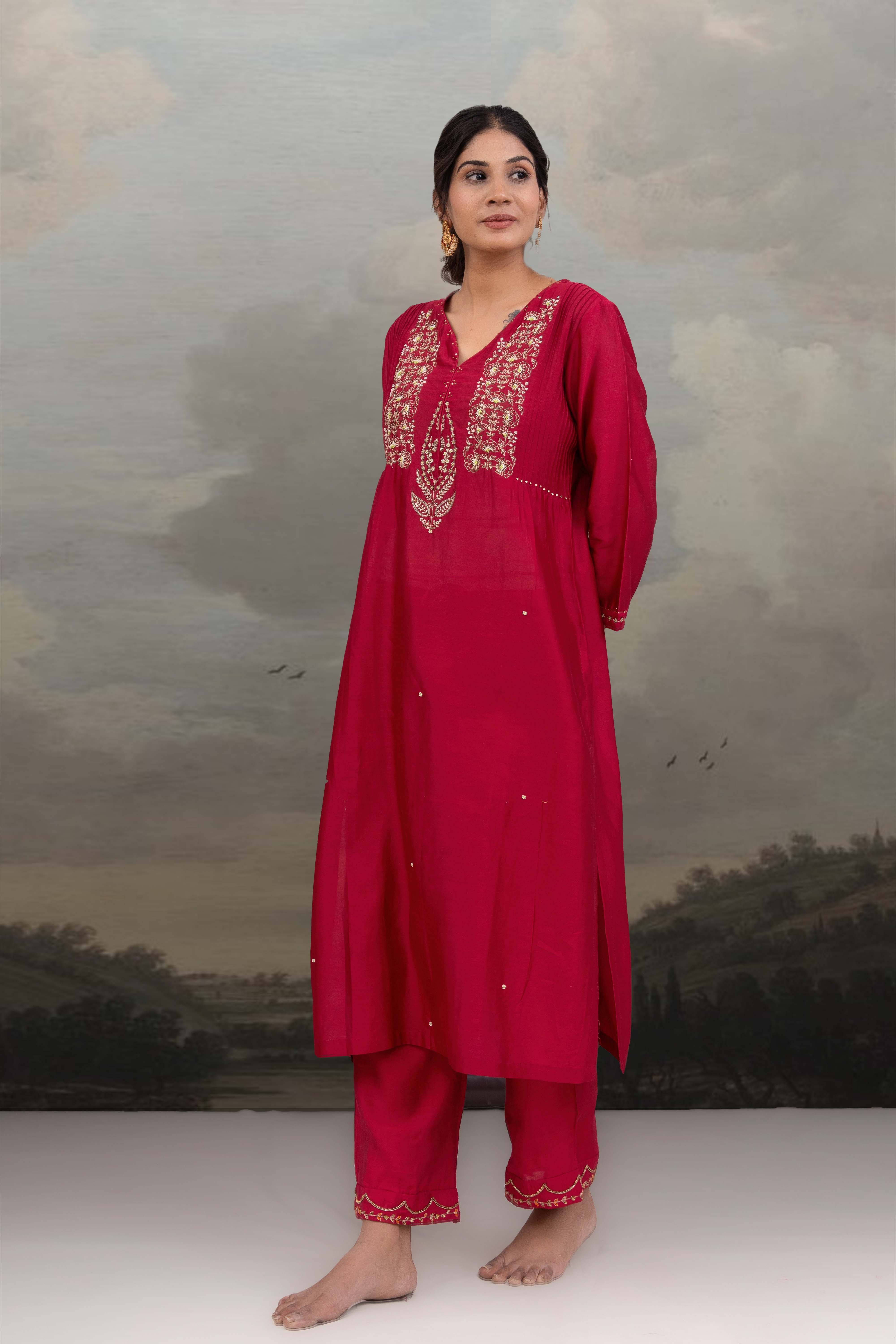 MAGENTA PINK BEADED KURTA SET