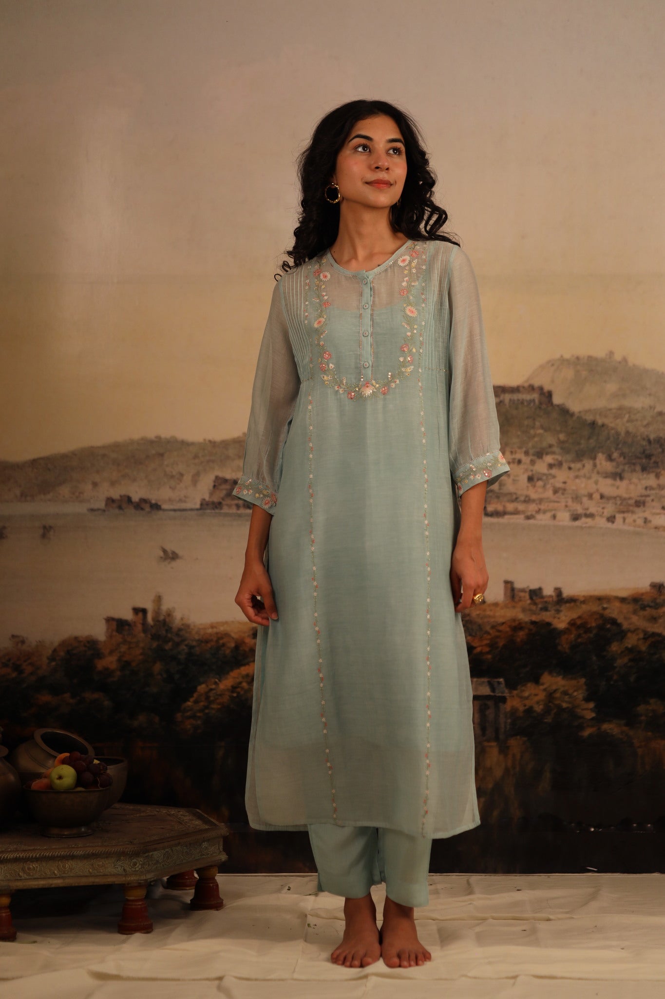 Teal Camelia kurta set with dupatta