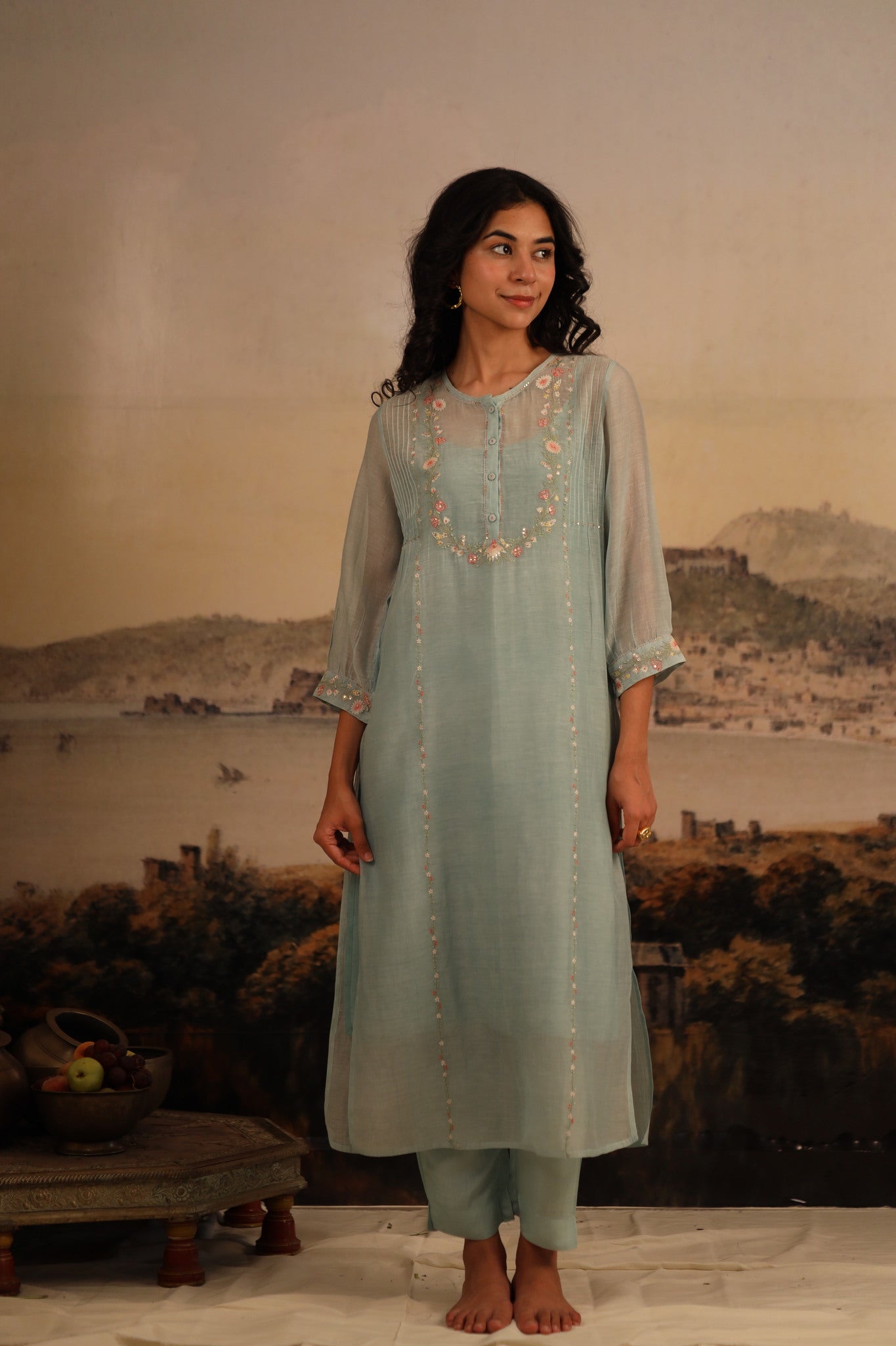 Teal Camelia kurta set with dupatta