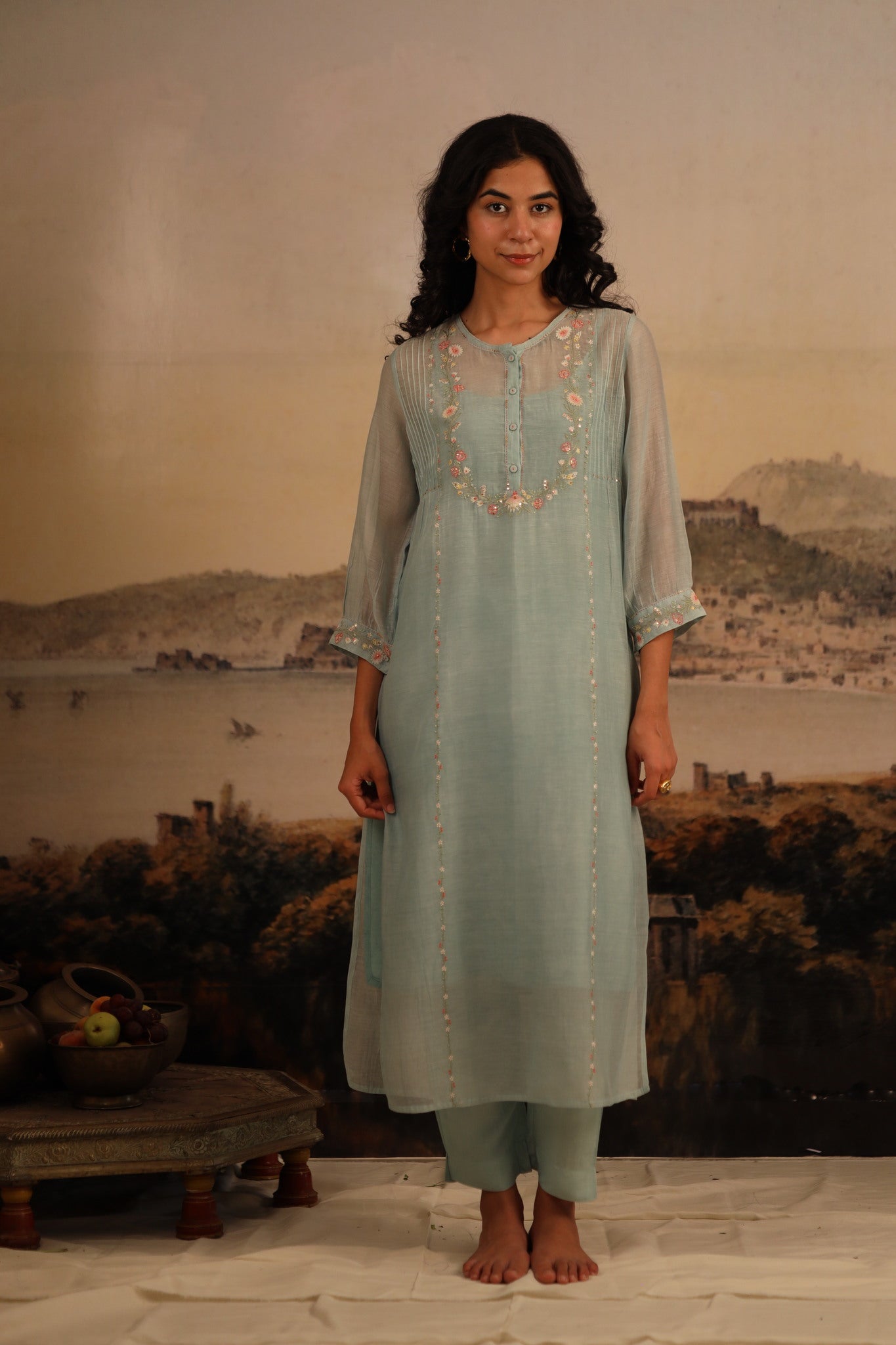 Teal Camelia kurta set with dupatta