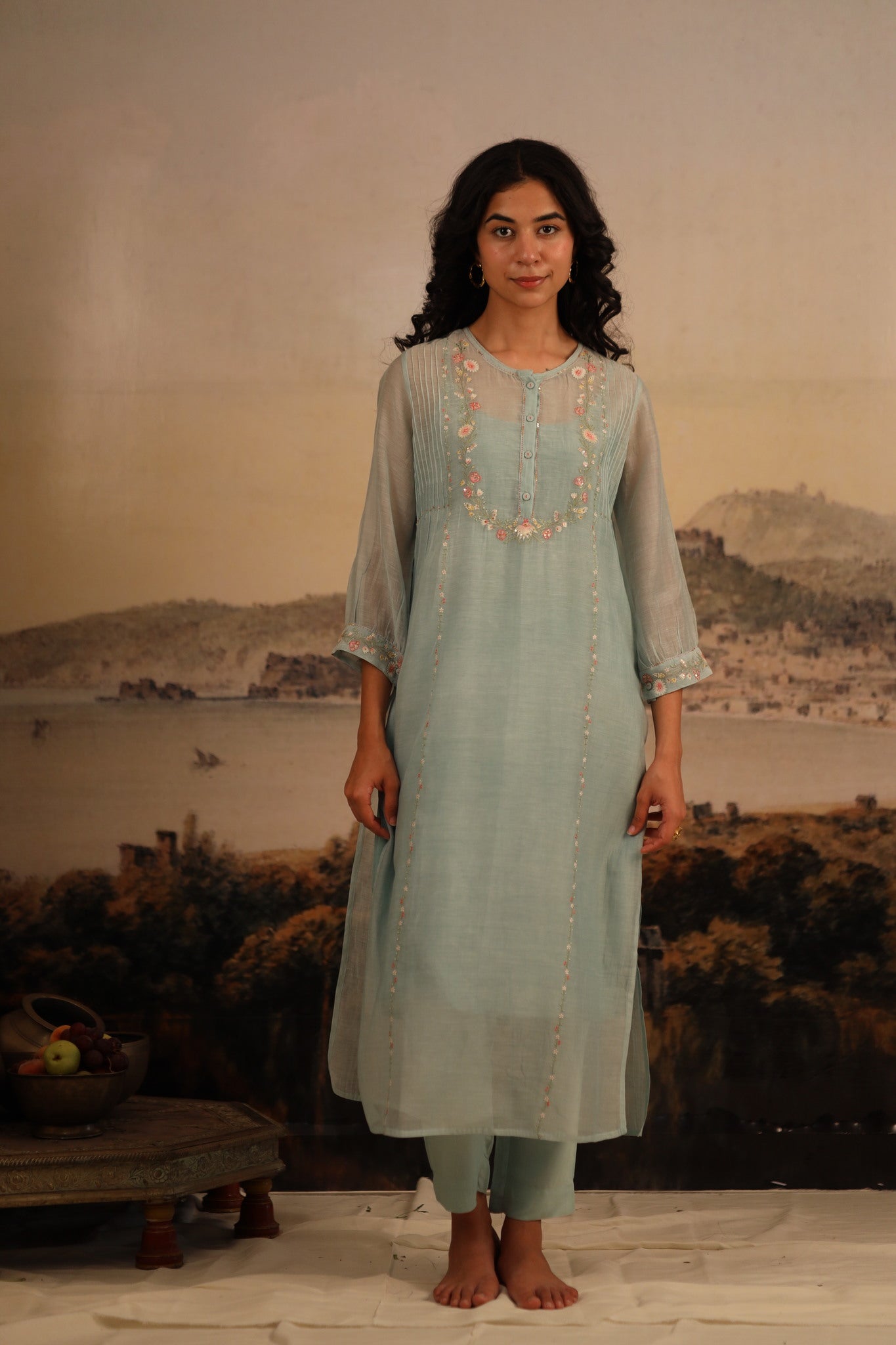 Teal Camelia kurta set with dupatta