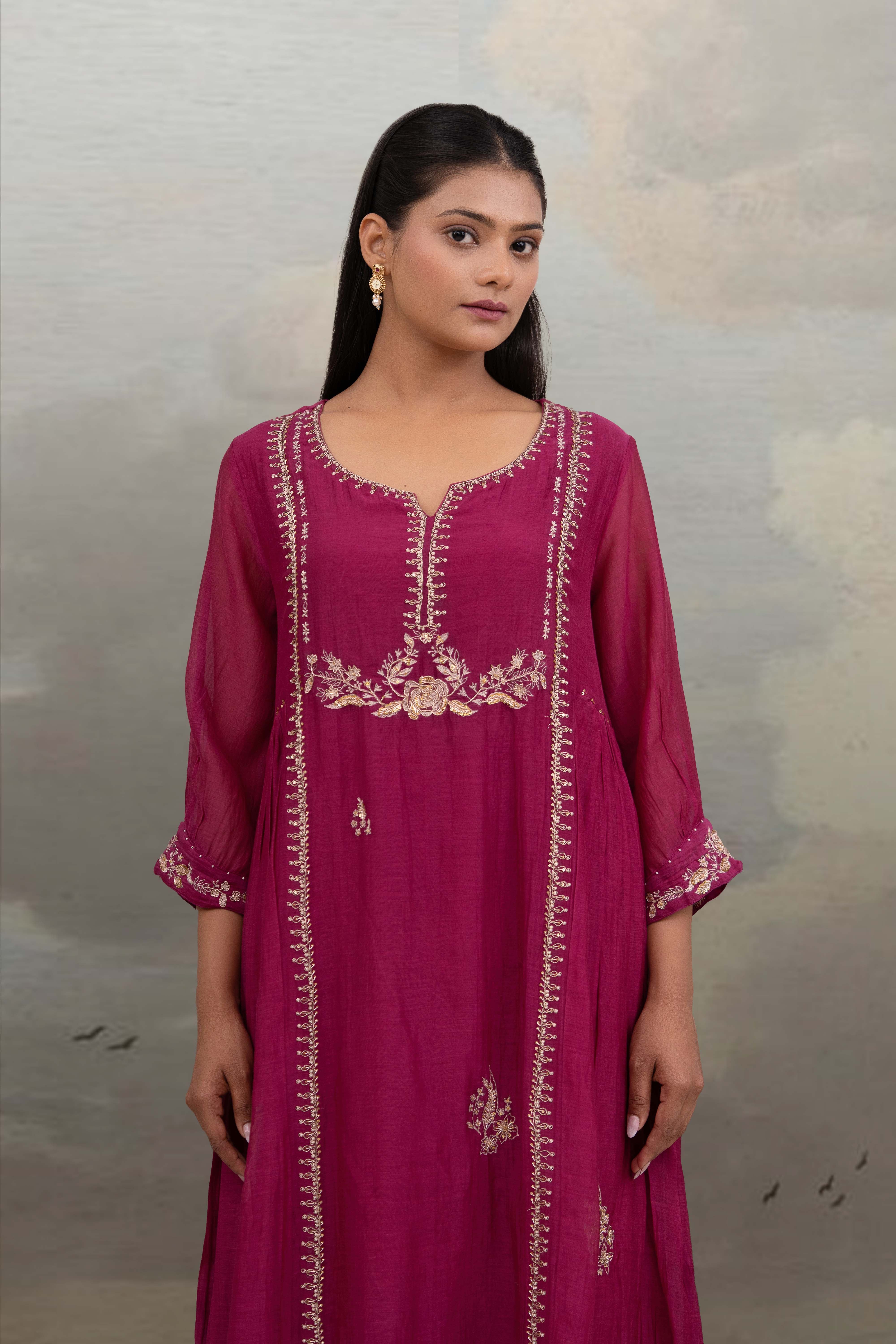 Rani pink gold rose Dress with dupatta