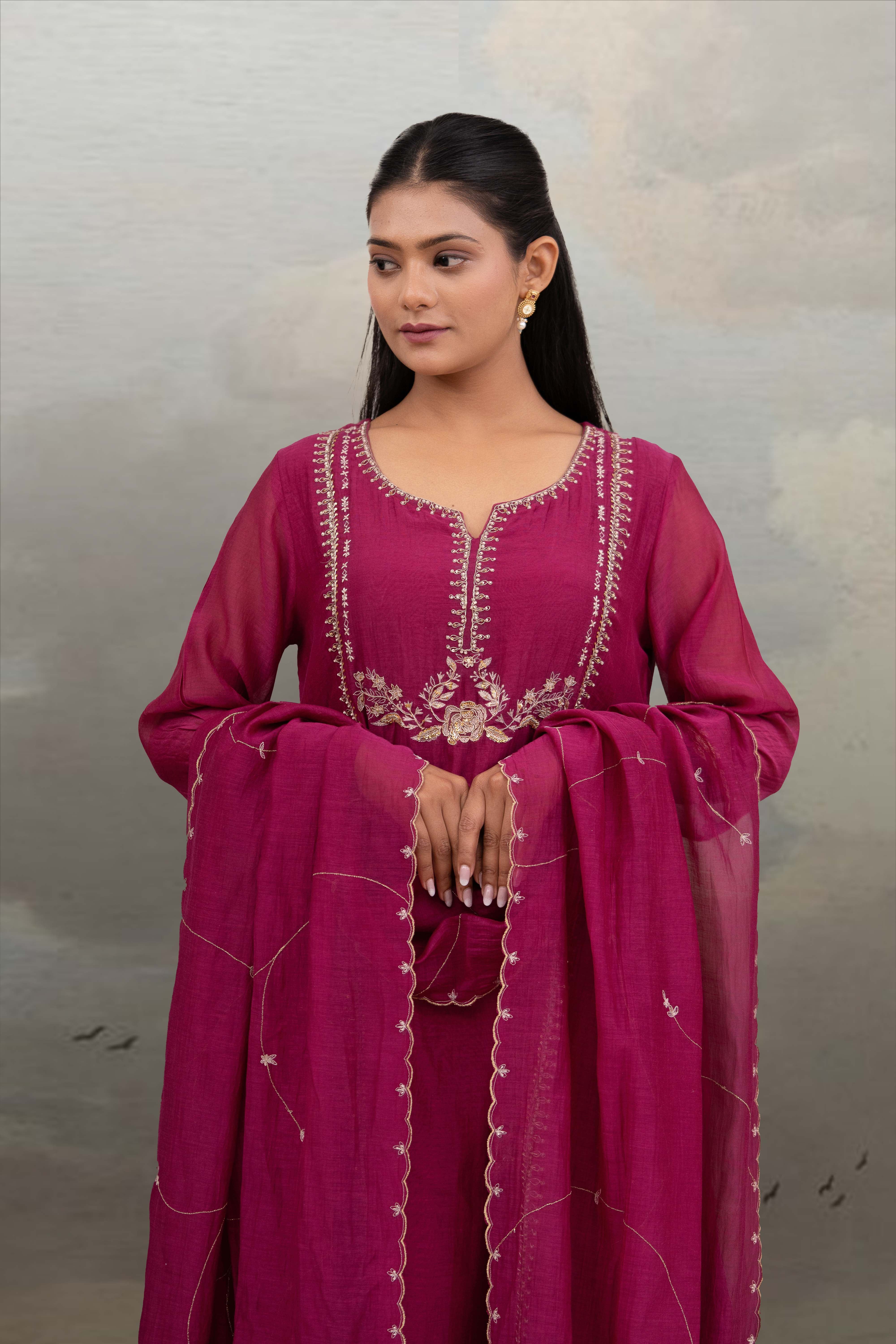Rani pink gold rose Dress with dupatta