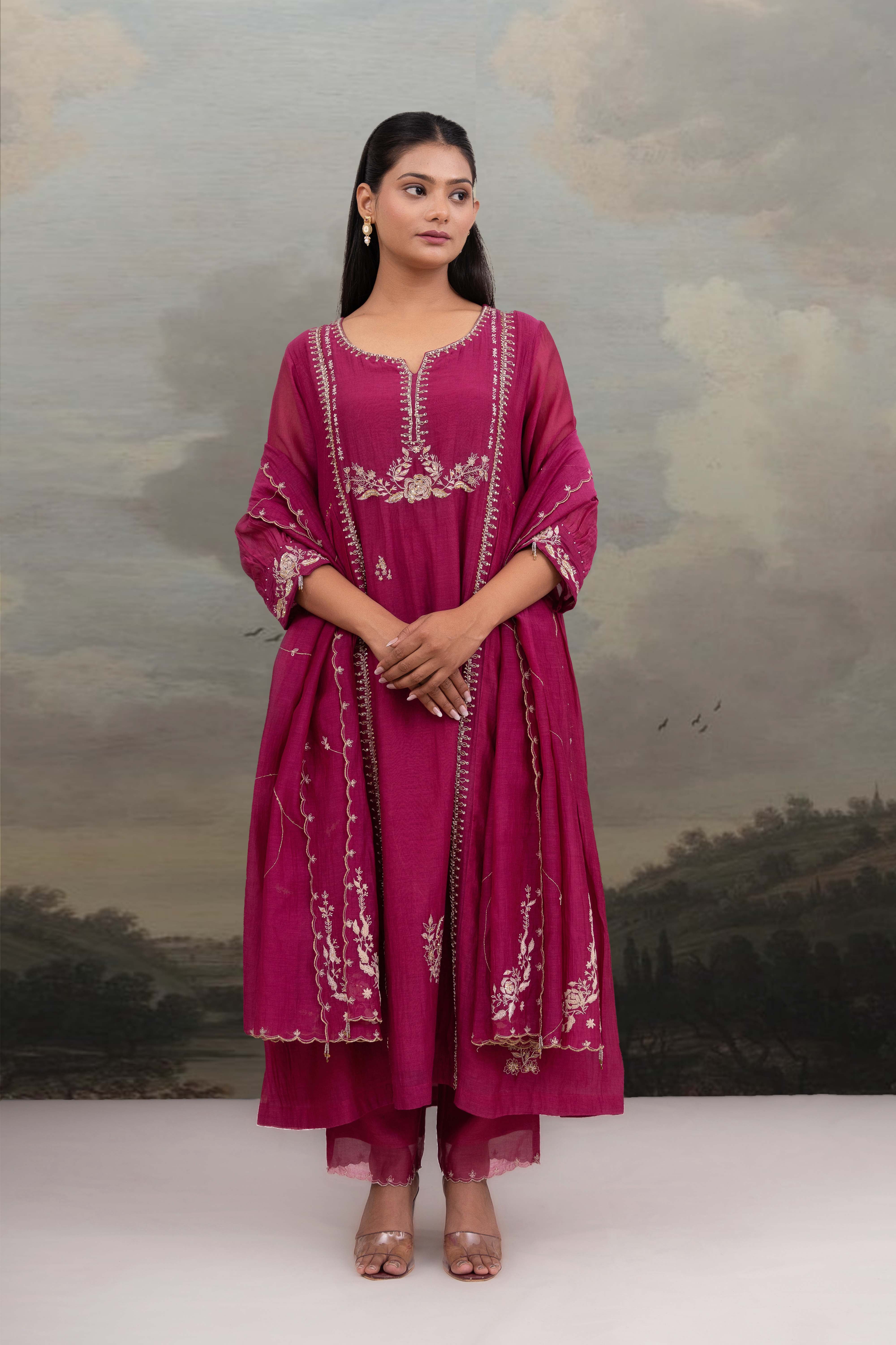 Rani pink gold rose Dress with dupatta