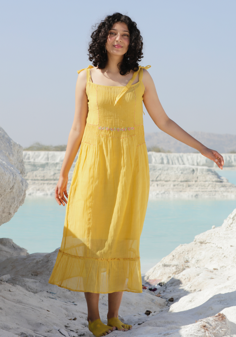 Mustard yellow 
shoulder tie dress