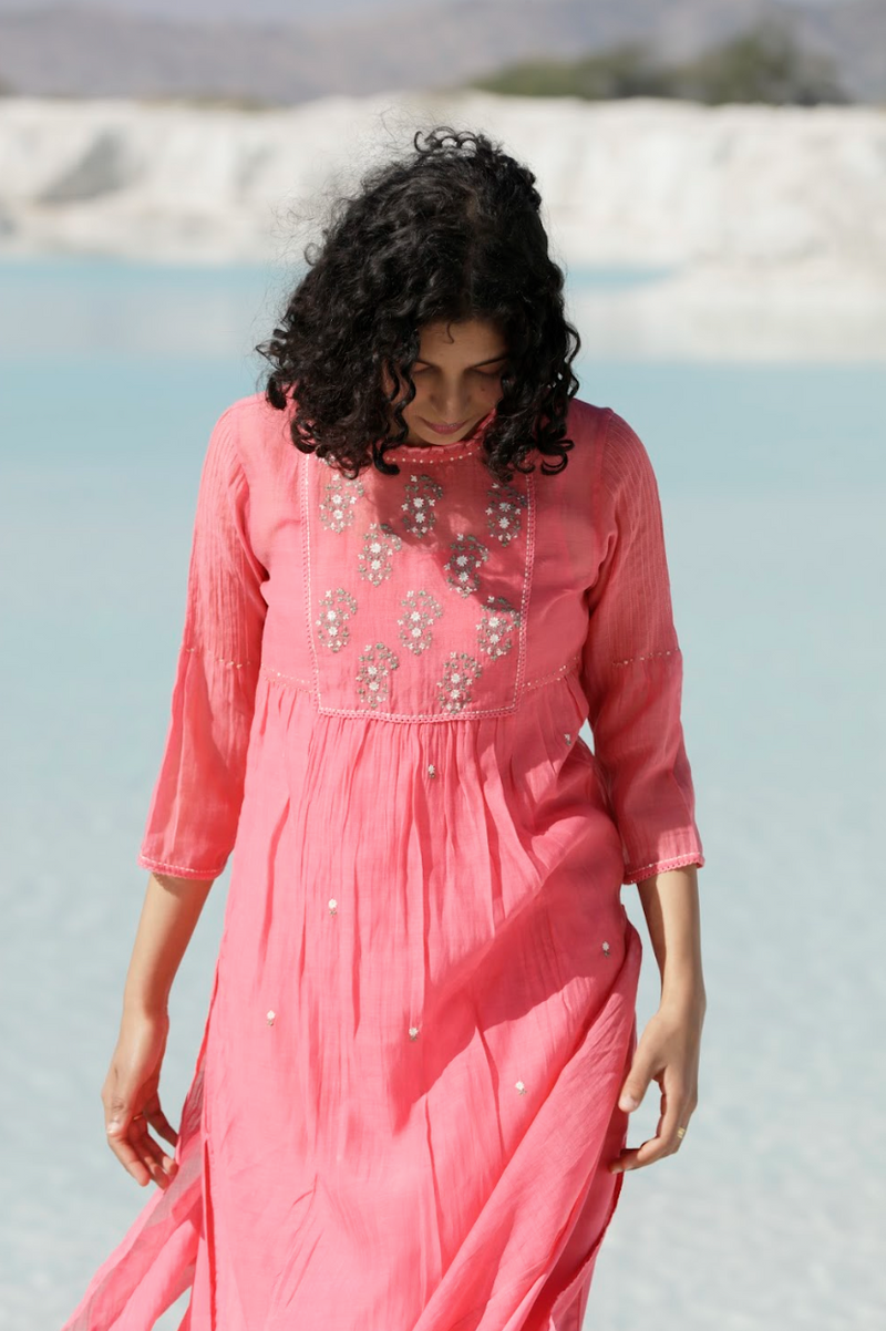 Coral pink yoke buta Kurta set