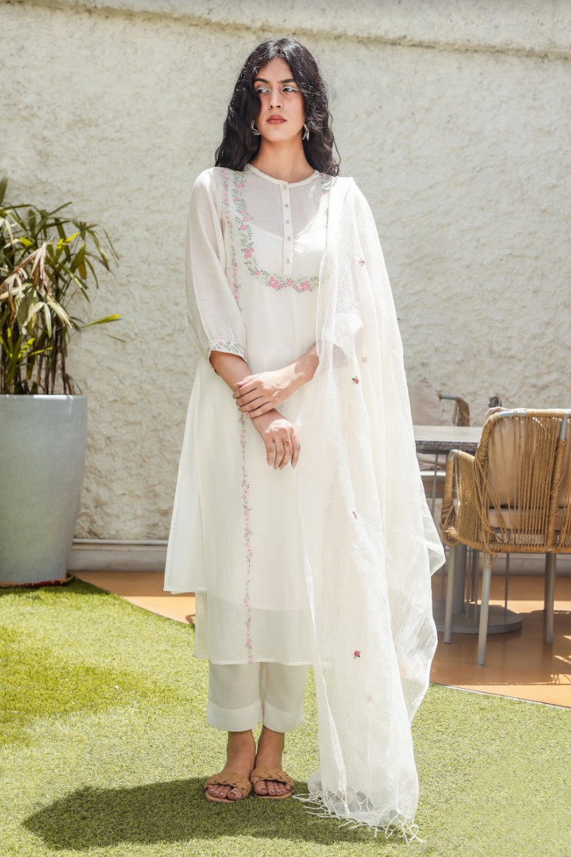 Snow white Camellia Kurta set