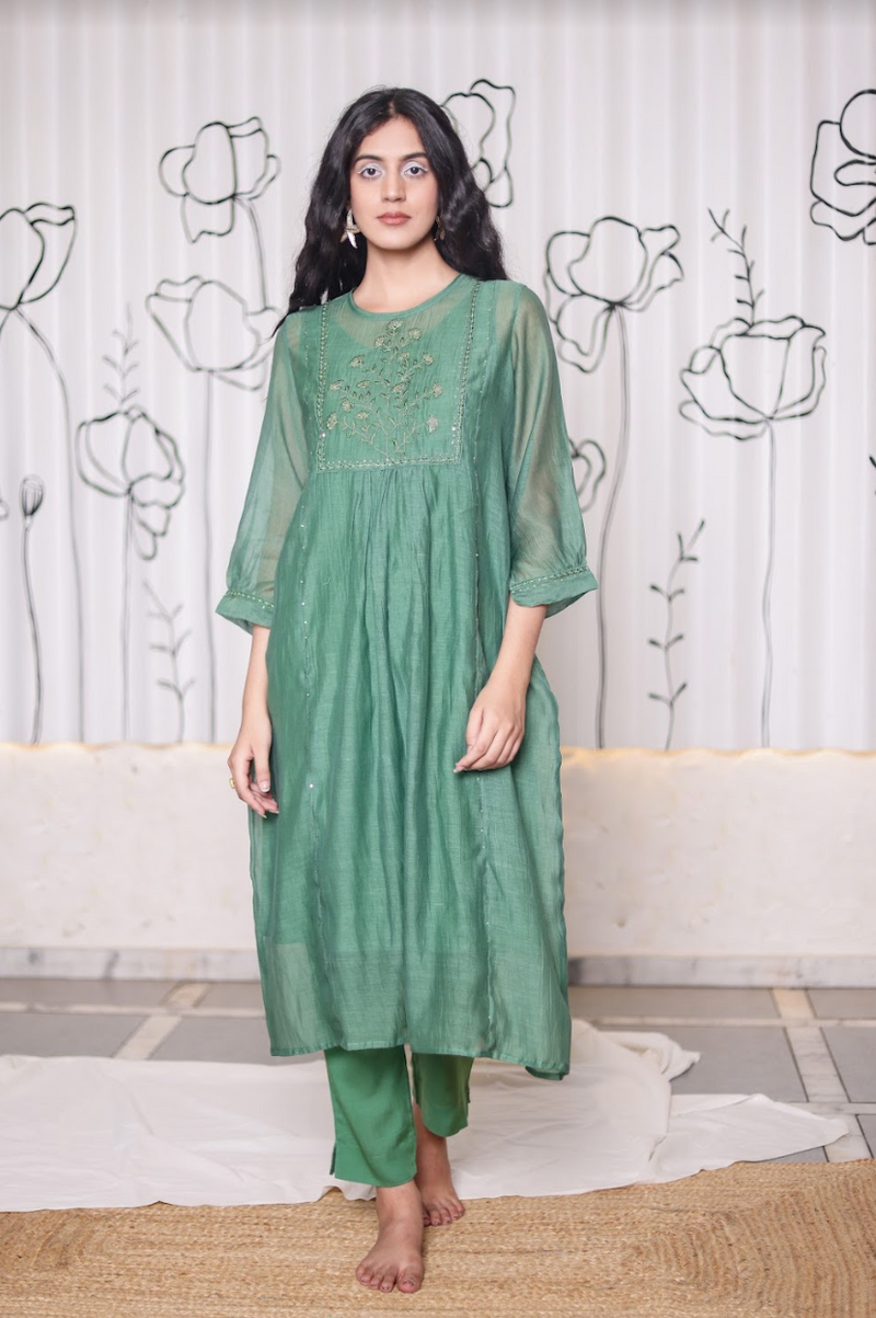 Bottle green paarijaat kurta set