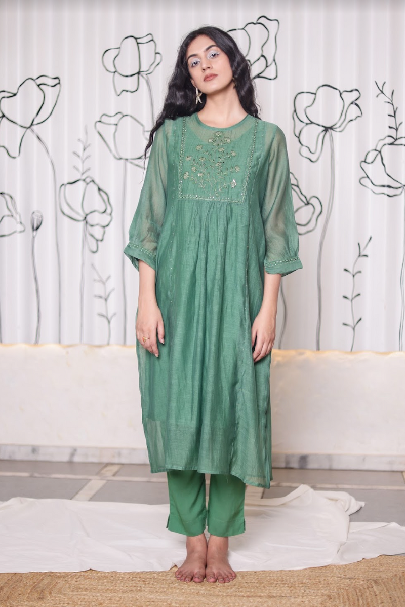 Bottle green paarijaat kurta set