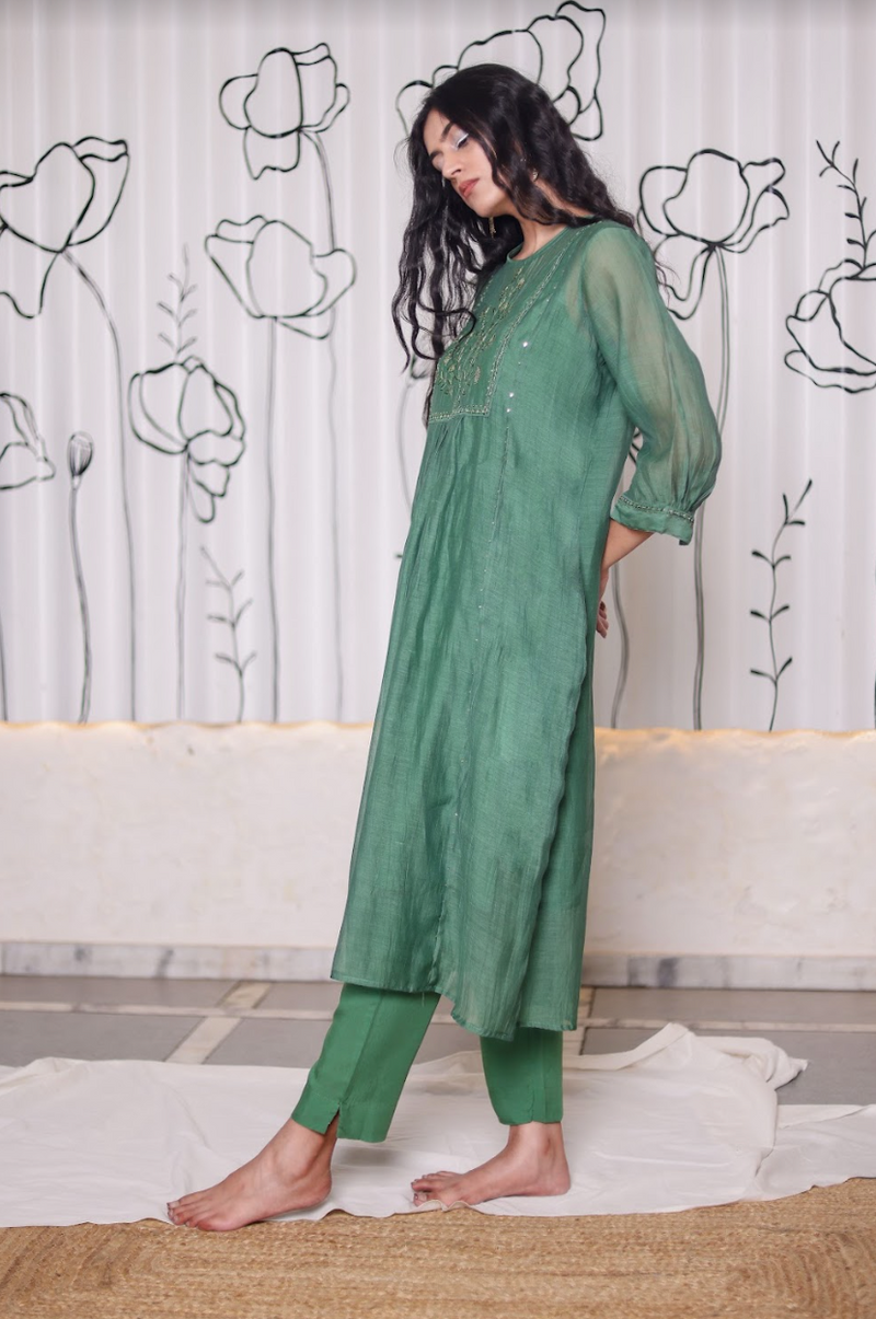 Bottle green paarijaat kurta set